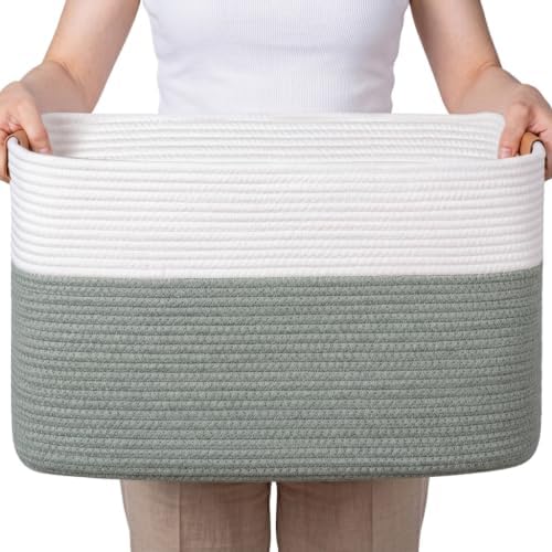 Danpinera 70L Large Woven Blanket Basket for Living Room White & Sage Green by danpinera