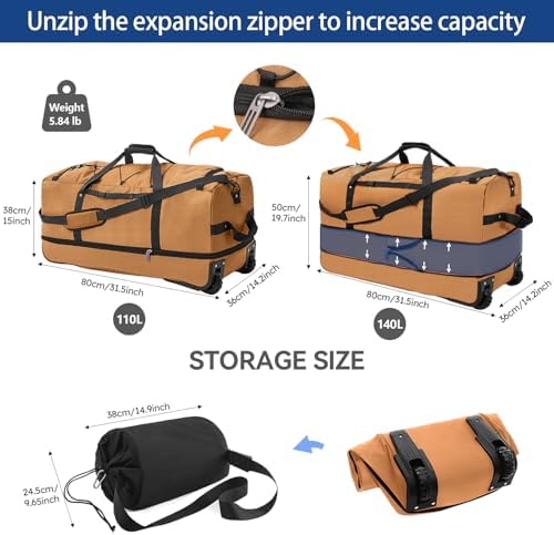 110L Expandable to 140L 32” Foldable Oxford Soft-Sided Rolling Duffle Bag with 2 Heavy-Duty Wheels,2 Large Compartments,Adjustable Shoulder Strap and Attached Organizer Pouch,Coffee - Image 2