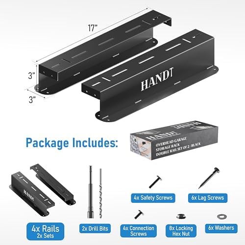 USA Based Overhead Garage Storage Rack, Connectable Heavy Duty Metal Ceiling Rails Garage Storage Organization Shelving System, Hanging Racks Tote Containers, Supports Up To 3 Bins, 2 Sets Black - Image 4