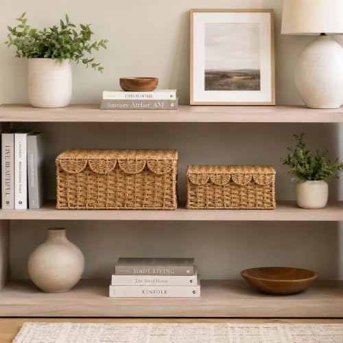 Set of 2 Scalloped Wicker Basket with Lid, Paper Rope Baskets for Shelves - Image 3