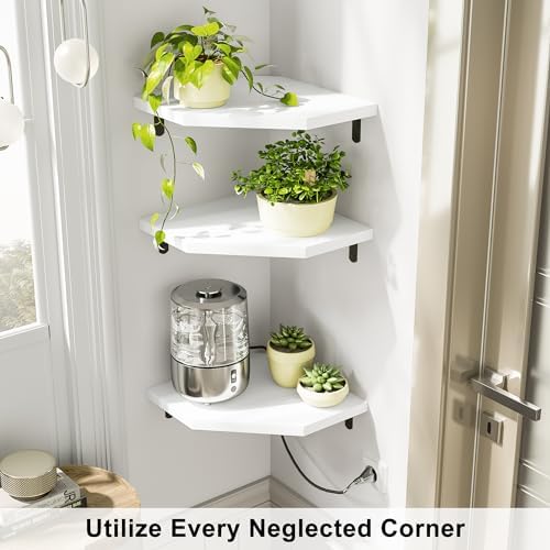 Alsonerbay Pine Wood Corner Shelves with Cable Cutout 3-Pack, White - Image 2