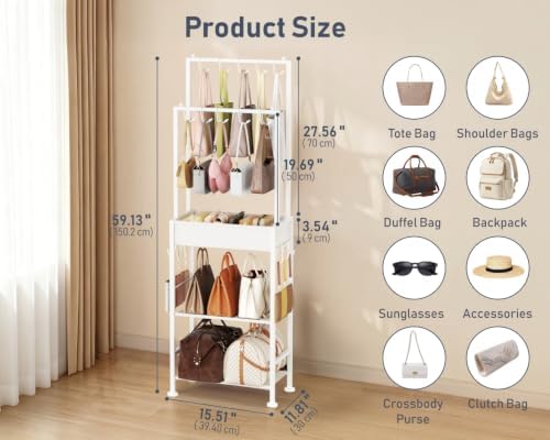 DIMJ Purse Organizer for Closet - Floor-standing Handbag Organizer Rack with 16 Hooks, Purse Storage Shelf Stand for Handbags, Totes, Wallets, Scarves, Bedroom Entryway and Walk-in Closet, White - Image 7