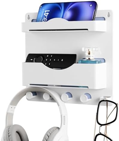 Bedside Wall Shelf with Glasses Hooks, Adhesive Bedside Organizer Wall Mount for Dorm and Room Accessories Phone，Remote，Earphone， Kindle (White) by JUMEIHUI