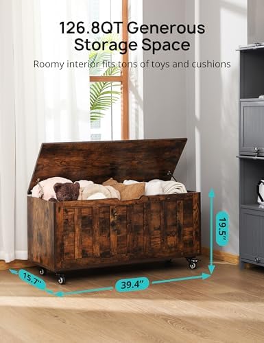 HYZ Storage Chest, 39.4'' Wooden Storage Bench with 4 Wheels & 2 Safety Hinges, Retro Toy Box Support 300 lbs for Bedroom, Living Room, Easy Assembly, Rustic Brown - Image 2
