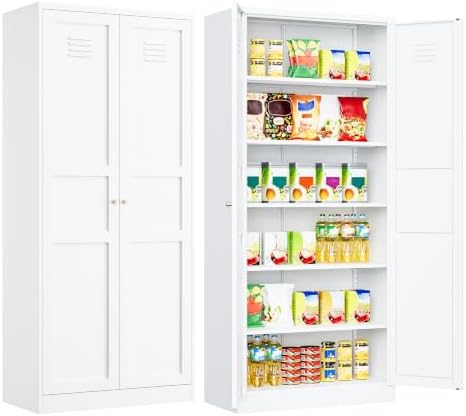 SISESOL 71" Tall Pantry Cabinet with 2 Doors and 5 Shelves,Kitchen Pantry Storage Cabinets,White Metal Storage Cabinet,Wide Deep Food Cupboard for Home,Kitchen,Dining/Living Room by SISESOL