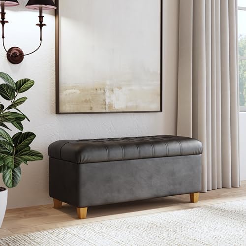 HomePop 40" Button Tufted Storage Bench - Black Faux Leather - Image 2
