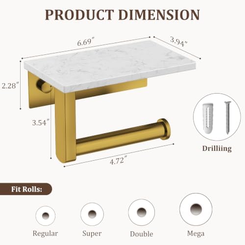 BWE Toilet Paper Holder with Marble Shelf, Toilet Paper Roll Holder Wall Mounted, Toilet Paper Roll Holder with Phone Shelf 304 Stainless Steel Tissue Holder for Bathroom Washroom (Gold) - Image 6