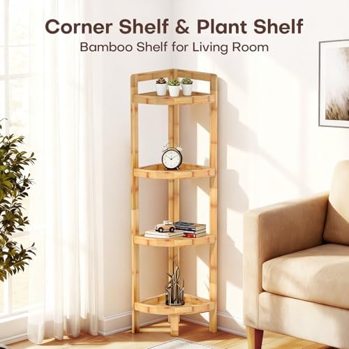 2026 New Bamboo Standing Shelf, 4 Tier Corner Shelf Stand, Free-Standing Shelf Units, Triangular Curved Corner Shelf Stand for Space-Saving Display Ideal for Bathroom/Kitchen/Living Room Storage - Image 6