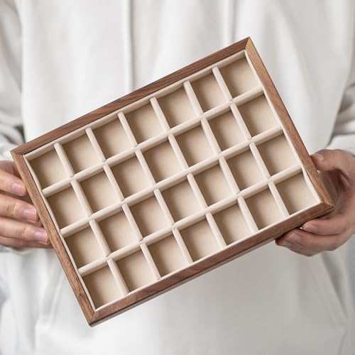 28-Grid Black Walnut Wooden Jewelry Tray with Velvet Lining, Premium Jewelry Display Tray for Earrings and Rings, Drawer Organizer Display Tray for Women's Jewelry Collection - Image 3
