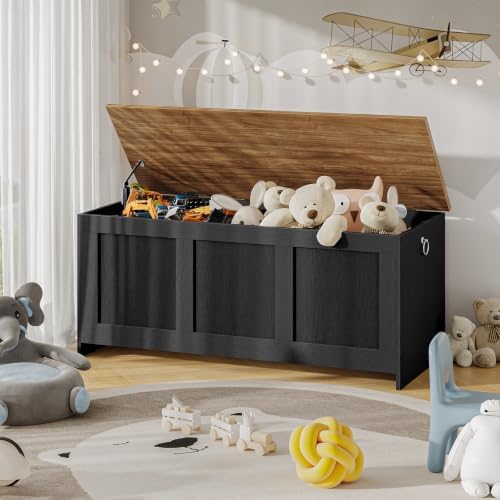 HOOBRO Storage Bench, 39.3" Retro Wooden Storage Chest, Wooden Storage Trunk, Toy Chest with Lift Top, Multifunctional Entryway Organizer, for Entryway, Living Room, Black and Walnut BH141CW01G1 - Image 2