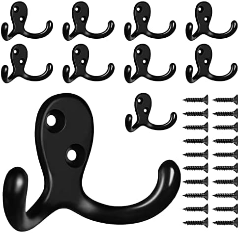 CBWLWJ 10 Pack Coat Hooks Wall Hooks for Hanging, Heavy Duty Double Prong Metal Hook Wall Mounted for Living Room, Bathroom, Kitchen, Bedroom for Coat, Bag, Scarf, Towel, Hat, Key, Cup (Black) by CBWLWJ