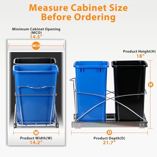 SUPER DEAL Double Pull Out Trash Can for Kitchen Cabinets 35-Quart Under Sink Garbage Sliding Waste and Recycling Bins with Chrome Wire Bottom Mount, 44 lbs Load Capacity, Black & Blue - Image 5
