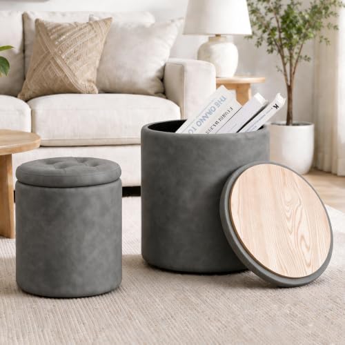 Faux Round Ottoman with Storage, Small Foot Stool for Living Room Bedroom by OAKVIVOElegantLifestyle