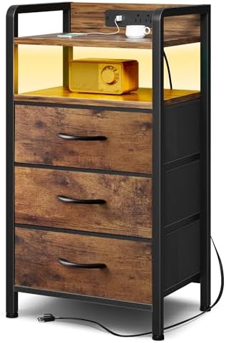 Lazzanto Nightstand with Rear Charging Station, LED Light, 3 Drawers, Brown by Lazzanto