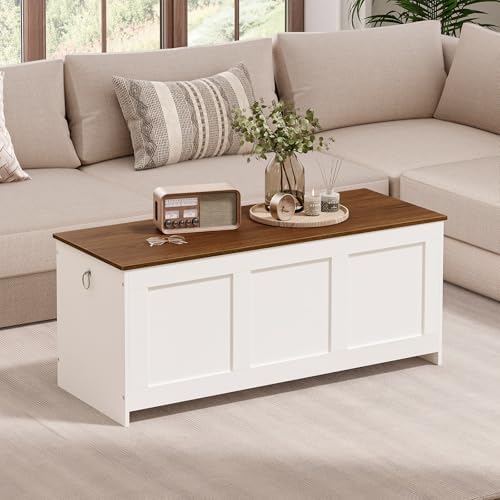 HOOBRO 47.2" Large Storage Bench, Retro Storage Chest with Safety Hinge, Wooden Storage Trunk, Toy Chest with Lift Top for Bedroom, Living Room, Entryway, White and Walnut WH412CW01G1 - Image 5