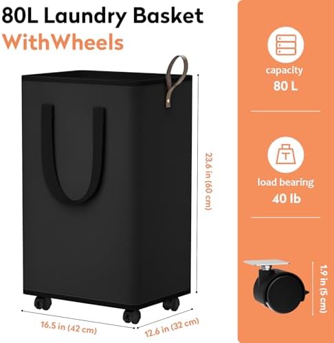 SpaceTrove Rolling Laundry Basket with Wheels, Laundry Hamper, 80L, Black - Image 2