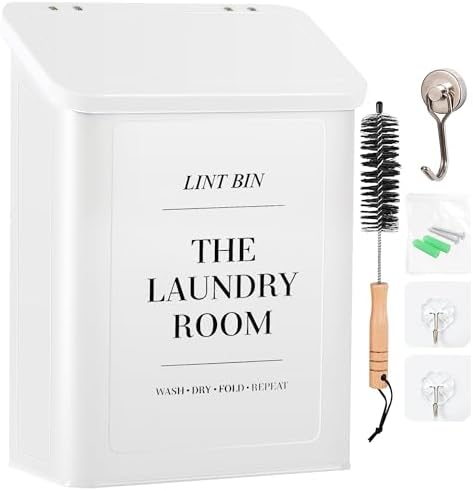 Magnetic Lint Bin for Laundry Room with Lint Brush and Magnetic Hook, Wall Mounted Lint Box with Lid, Farmhouse Laundry Room Decor by CANDCO