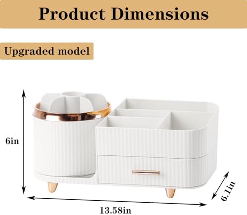 Rotating Makeup Organizer for Vanity with Brush Holder and Drawer, Cosmetic Makeup Storage, Large Spinning Makeup Skincare Organizer, Countertop Makeup Perfume Organizer, Lotions Display Case (White) - Image 2