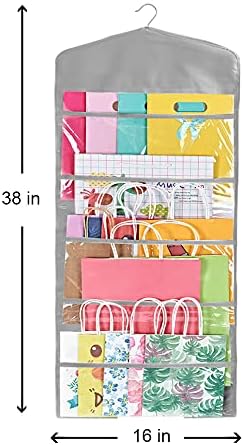 ProPik Hanging Double Sided Gift Bag Storage Organizer with Multiple Front and Back Pockets - Organize Your Gift Wrap, Tissue Paper, and Paper Bags 38 x 16 Inch PVC (Gray) - Image 3