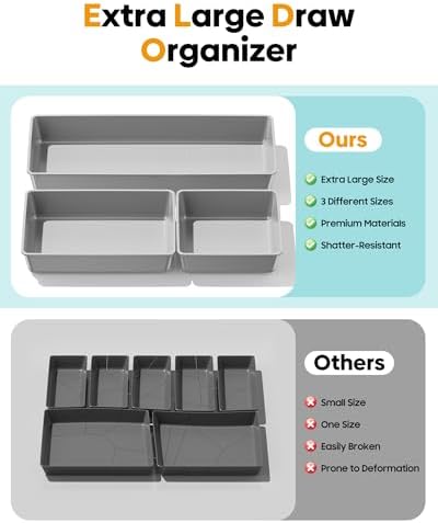 10 Pack Large Size Plastic Drawer Organizers Set, 3 Sizes Desk Drawer Organizer Trays, Storage Bins for Vanity, Makeup, Bathroom, Kitchen Utensils and Office (Gray) - Image 3