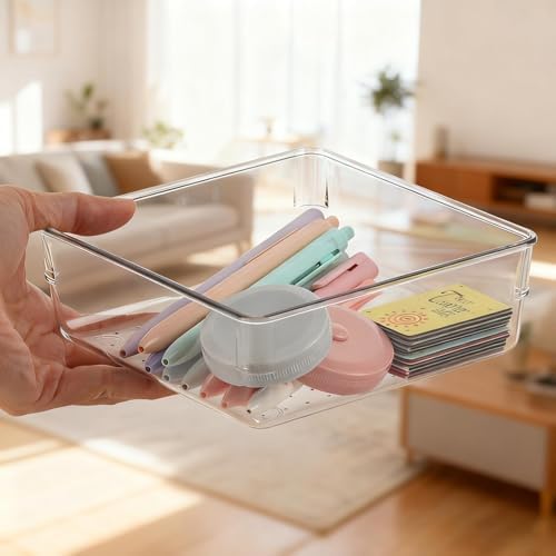 6 Pcs Large Clear Plastic Drawer Organizers Tray 6" x 6" Storage Bins with 25 Pcs Non-Slip Pads for Makeup, Jewelries, Kitchen Utensils, Bathroom and Office - Image 4