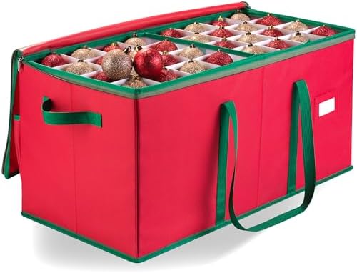 Christmas Ornament Storage - Stores up to 128 Holiday Ornaments, Adjustable Dividers, Zippered Top, Two Handles - Attractive Storage Box Keeps Holiday Decorations Clean and Dry for Next Season (Red) - Image 3