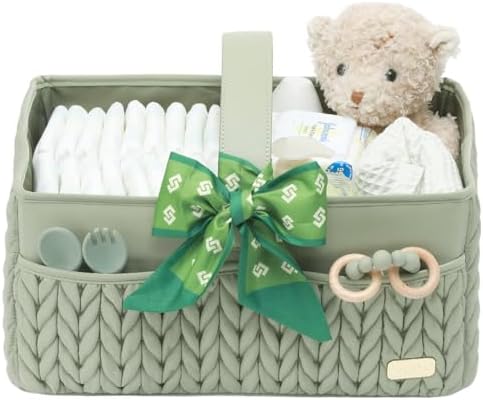 Luxurious Baby Diaper Caddy, Nursery Storage Basket for Newborn Essentials, Travel Baby Basket for Diapers Baby Wipes, Organizer Tote Bag Storage Bin, Baby Shower Gifts(Sage Green) by LUKJOJO