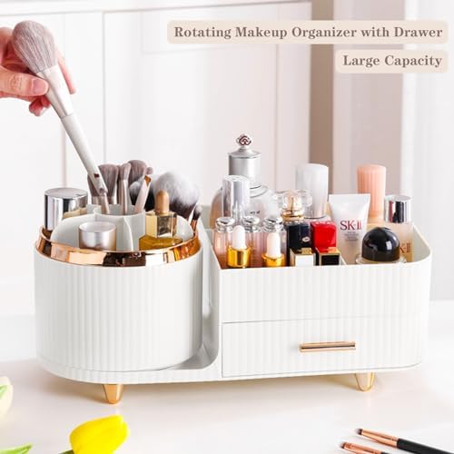 Rotating Makeup Organizer for Vanity with Brush Holder and Drawer, Cosmetic Makeup Storage, Large Spinning Makeup Skincare Organizer, Countertop Makeup Perfume Organizer, Lotions Display Case (White) - Image 5