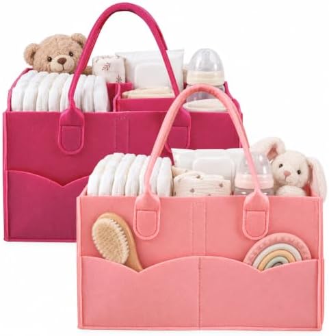 PandaEar 2 Pack Baby Diaper Caddy Organizer, Portable Diaper Holder Nursery Storage Basket for Wipes & baby stuff, Collapsible Baby Organizers with Divided Design (Red/Pink) by PandaEar