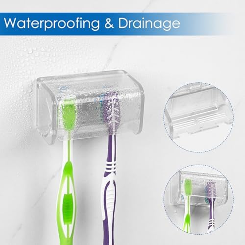 Toothbrush Holder Wall Mounted with Cover for Bathroom, 2 Slots Toothbrush Storage Organizer for Shower, Self Adhesive Toothbrush Hanger Rack for Dorm, Cabinet (Clear) - Image 2