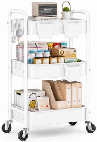 3 Tier Heavy Duty Metal Rolling Storage Cart Organizer with Wheels, White by Aofure
