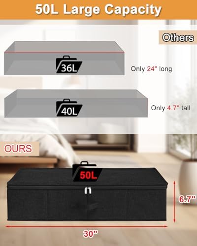 punemi 50L Under Bed Storage Containers with Zipper Lid, 3Pack, Black - Image 2