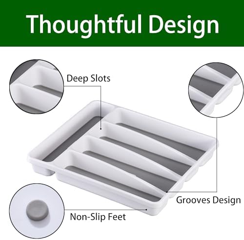 Loyareal Silverware Organizer Utenisl Organizer Holder Kitchen Drawer Organizer Plastic Silverware Tray for Drawer Flatware Organizer 5 Compartment White - Image 6