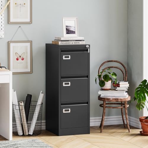 MIIIKO 3 Drawer File Cabinet, Black Metal Vertical Filing Cabinet with Lock, Home Office File Folders Storage Cabinet for Letter Legal A4 File Size - Image 2