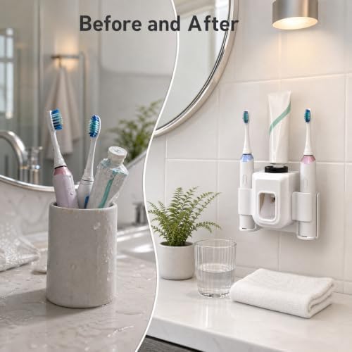 No Drill Wall Mount Electric Toothbrush Holder with Toothpaste Dispenser - Image 5