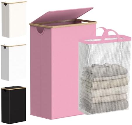 efluky Slim Laundry Hamper with Lid and Removable Bag, 75L Pink by efluky