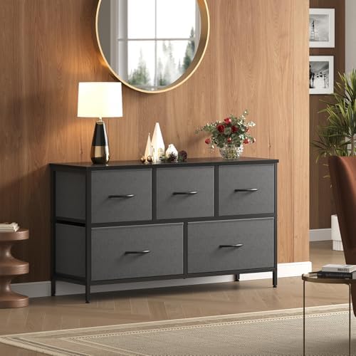 OLIXIS Dresser for Bedroom with 5 Drawers, Wide Chest of Drawers, Grey - Image 2
