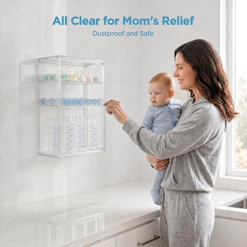 HBlife Baby Bottle Storage Organizer for Wall Countertop Cabinet, 3 Tiers Adjustable Clear Acrylic Bottles Storage Station Case Box Container with 2 Removable Dividers and Magnetic Door, Small - Image 2