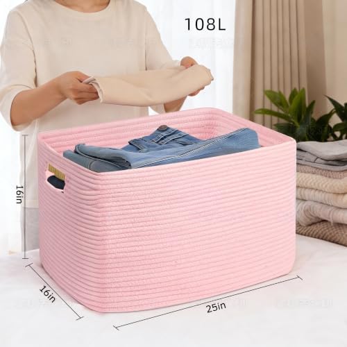 25"x16"x16" Rectangle Pink Woven Blanket Basket,Large Basket - Image 2