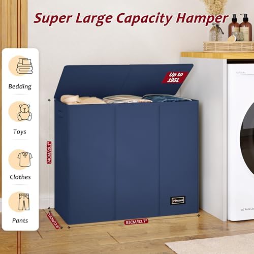 195L Laundry Hamper 3 Section,Large Laundry Hamper with Lid,Dirty Clothes Hamper with 3 Inner Bags,Collapsible Laundry Basket Organizer for Laundry Room,Laundry Sorter Hamper 3 Compartment(Blue) - Image 2