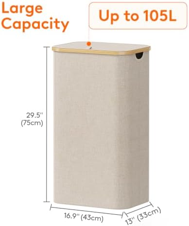 Lifewit 105L Large Laundry Basket with Lid, Removable Bags, Beige - Image 3