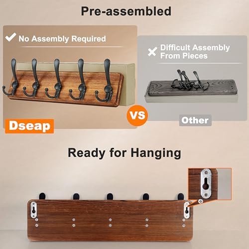 Dseap Coat Rack Wall Mounted - 5 Tri Hooks, Heavy Duty, Wooden Wall Coat Hanger Coat Hook for Clothes Hat Jacket Clothing, White & Black - Image 4