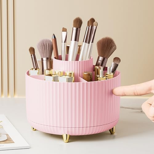 Diesisa Makeup Brush Holder Organizer,360° Rotating Makeup Brush Organizer,5 Slot Make up Brushes Cup for Cosmetics, Nail Polish, Art Supply, Bathroom Vanity Desktop Organizer - Pink by Home