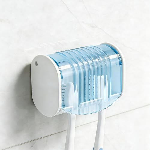 1 Pack Toothbrush Holder Wall Mounted with Cover for Bathroom, 2 Slots Toothbrush Storage Organizer for Shower, Self Adhesive Toothbrush Hanger (Blue) by LUEXBOX