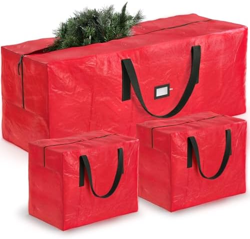 ZOBER Christmas Tree Storage Bag - With 2 Ornaments Accessories/Garland Bags - Fits 7.5 Ft Trees - Plastic, Waterproof Christmas Tree Bag For Storage Box For Xmas - Strong, Durable Handles - Red by ZOBER