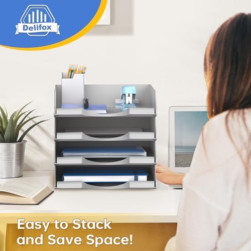 4 Pack Stackable Paper Trays for Letter Documents, Desktop File Organizers for Office Supplies, Stackable Desk Tray Holder for Paper Storage, Gray - Image 4