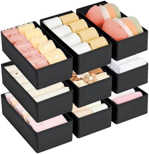 DIMJ Drawer Organizer Clothes - Underwear Organizer Sock Closet Organizers and Storage Box Dresser Organizer, Drawer Dividers for Baby Clothes, Bra, Socks, Belt, Tie, Set of 9, Black by DiMJ