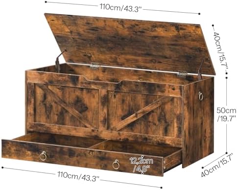 HOOBRO Storage Chest, 43.3" Toy Chest with Drawer, Wooden Storage Bench, Sturdy Entryway Bench Supports 330 lb, Shoe Bench, Safety Hinge, U-Shaped Opening, Easy Assembly, Rustic Brown FG711CW01G2 - Image 3