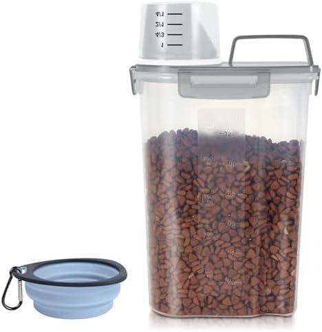 3-5Lbs Small Dog Cat Food Storage Container With Foldable Bowl-Clear Grey by LEAWALK