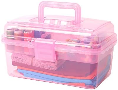 Multipurpose Plastic Storage Container Organizer Box Case with Removable Tray and Handle for Art, Craft, Sewing Supplies, Clear&Pink - Image 7
